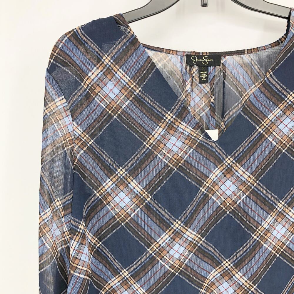 Jessica Simpson Womens Aurora Blouse Large Blue Plaid Long Sleeve V Neck NWT - Picture 6 of 11